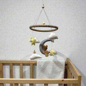 Bear on Moon/Clouds/Star Boho Felt Mobile | Baby Shower | Nursery Decor